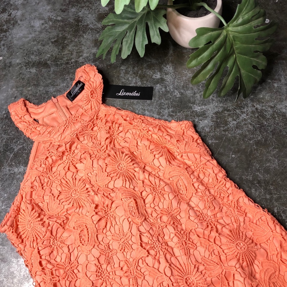 Coral Crochet Lace Halter Bodycon Mini Dress - Picture 2 of 9